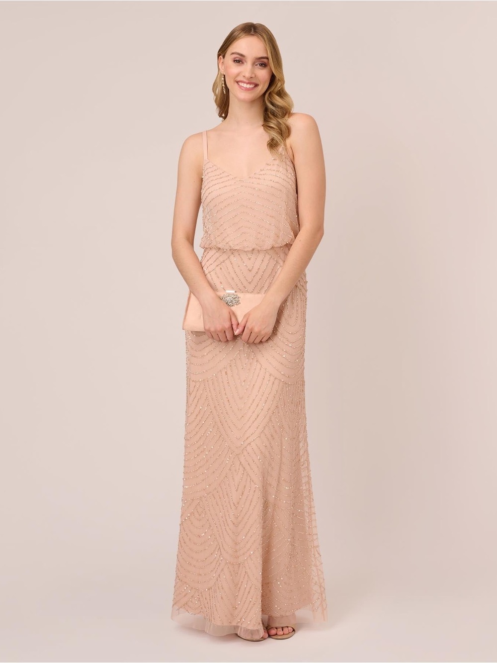 Adrianna Papell Size 4 Blush Beaded Blouson Formal Gown NWT Art Deco GALA MOB